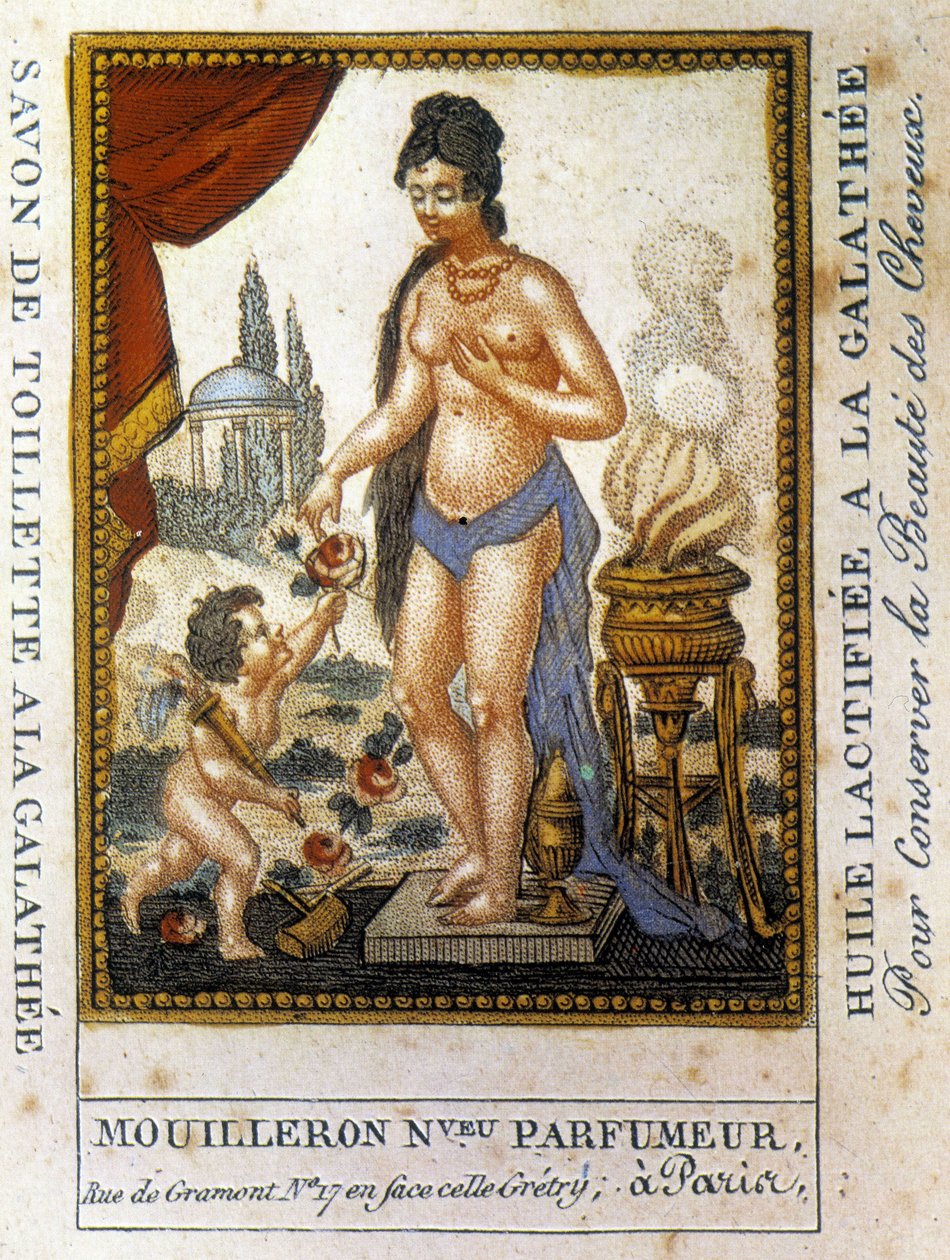 Etiqueta publicitaria para aceite lactificado galathy "para preservar la belleza del cabello" Perfumista Mouilleron de French School