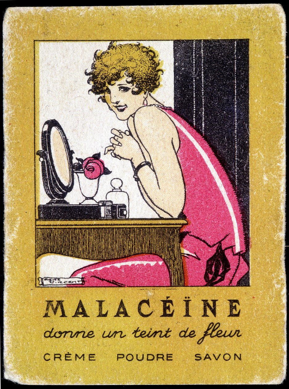 Tarjeta publicitaria de productos de belleza Malacéine. circa 1920 de French School