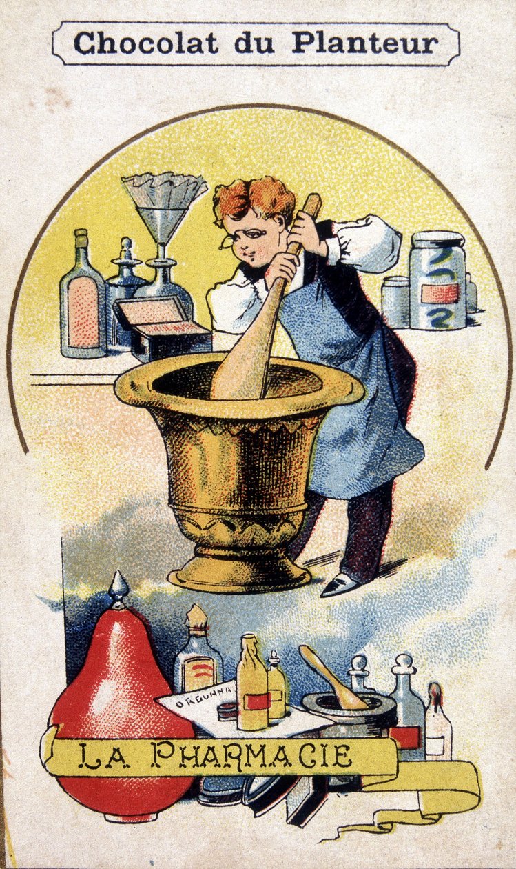 Tarjeta publicitaria para la fábrica de chocolate del plantador de French School