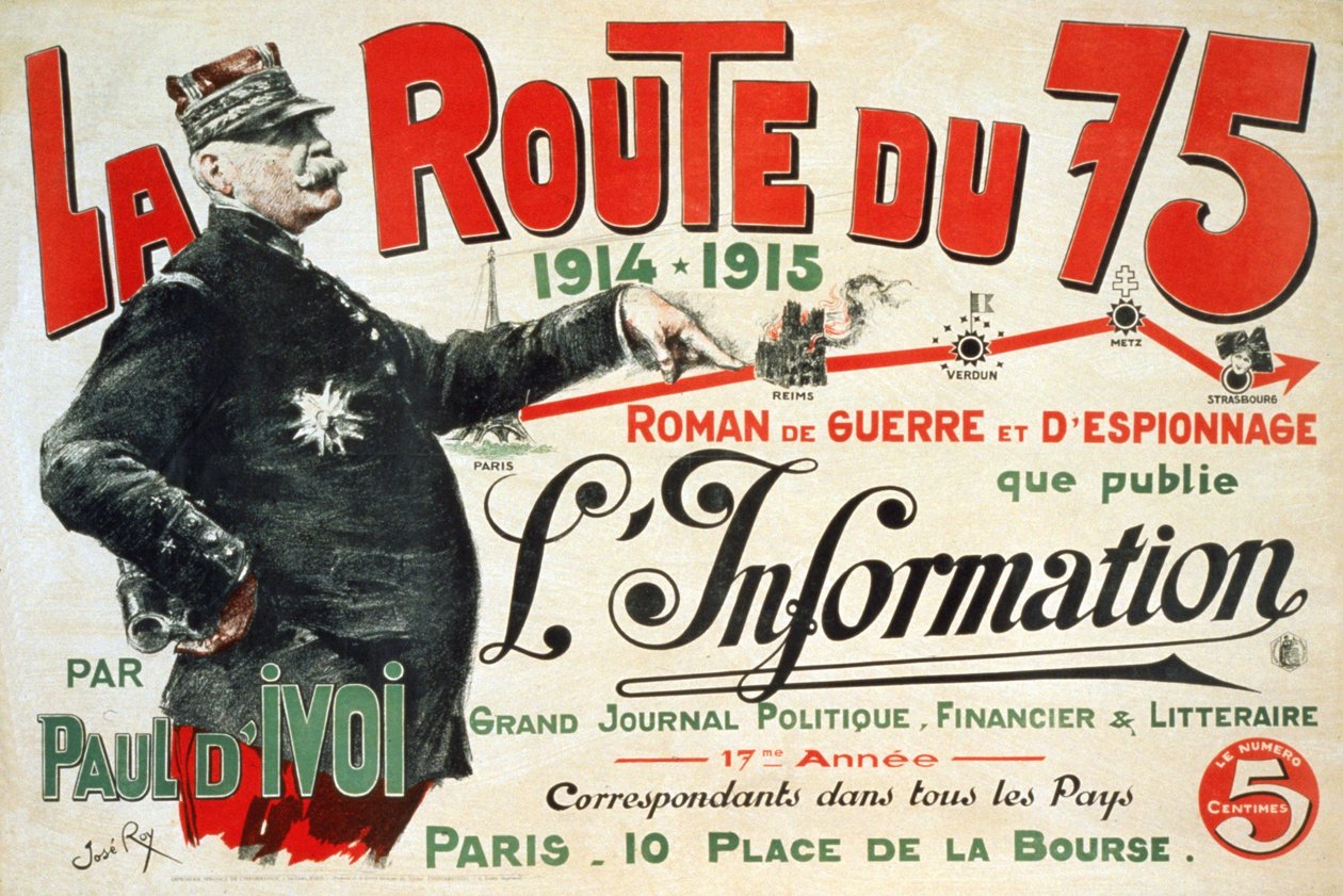 Cartel publicitario para la novela “La Route du 75:1914 - 1915: Roman de guerre et d