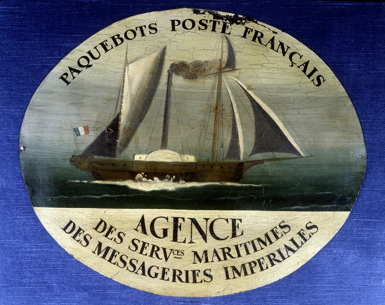 Cartel publicitario para el transatlántico francés, agencia de servicios marítimos de correos imperiales - pintura sobre madera, finales del siglo XIX de French School