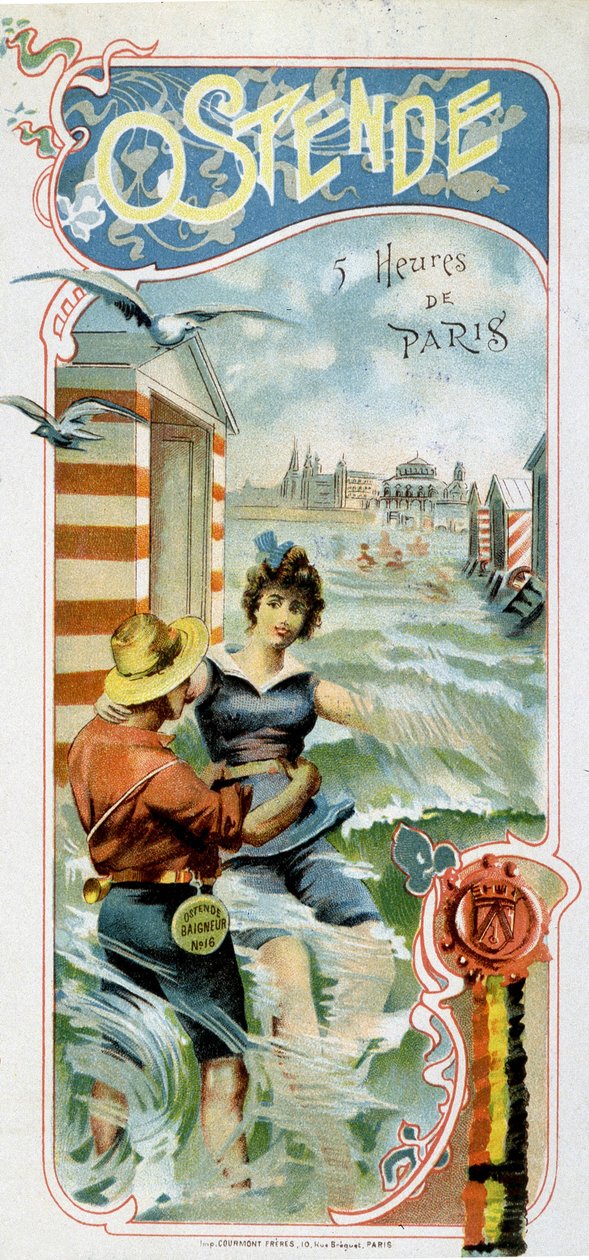 Publicidad para llegar a Ostende (Bélgica) desde París: Ostende: 5 horas desde París, c.1900 (cromolitografía) de French School