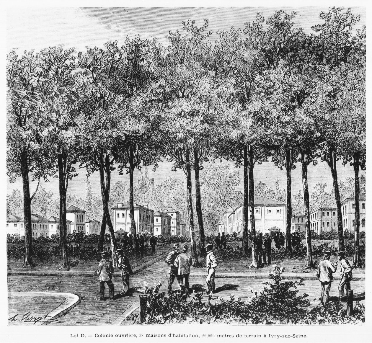 Anuncio que muestra una colonia de trabajadores, ilustración de Le Monde Illustré, 1876 de French School