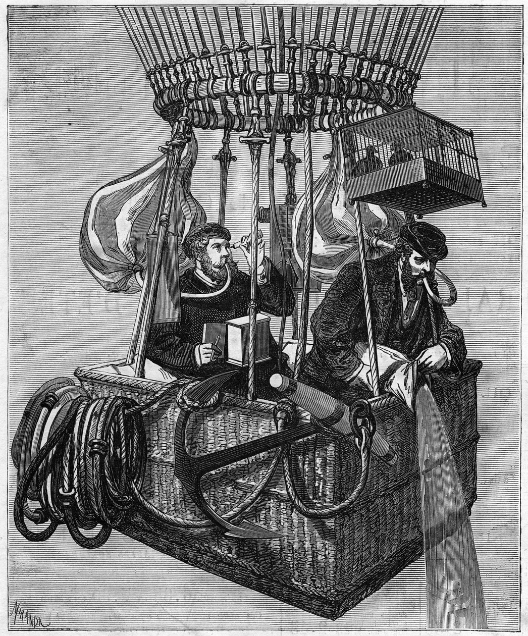 Aeronáutica: el ascenso del globo "Estrella Polar" en 1874. Para combatir los problemas respiratorios encontrados a gran altitud, los dos aeronautas equiparon globos que contenían oxígeno e inhalaron a través de la boca usando una manguera de goma. Grabado de French School