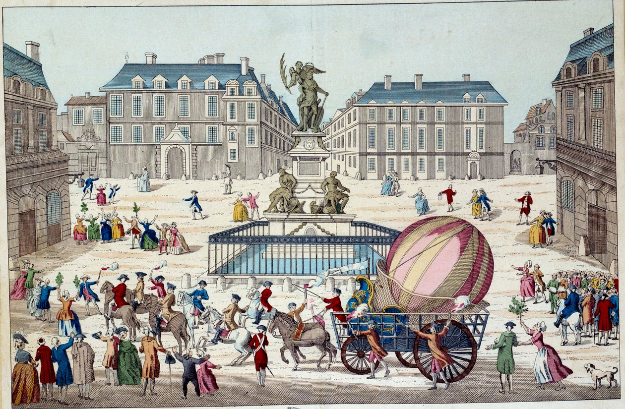 Aerostato: el segundo intento de volar en globo. Todo el globo aerostático de Charles y Robert en París, después de un viaje en globo de gas hidrógeno, el 02/12/1783. Grabado anónimo del siglo XVIII. París, artes decorativas de French School