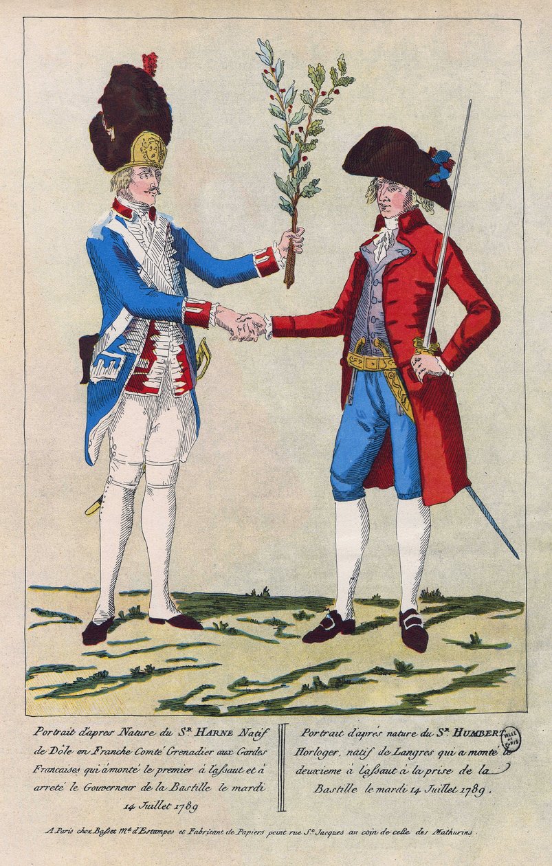 Retrato al natural de Sieur Harne, granadero, y Sieur Humbert, relojero. Fueron los primeros hombres atacados durante la toma de la Bastilla el 14 de julio de 1789. Grabado de 1790. de French School