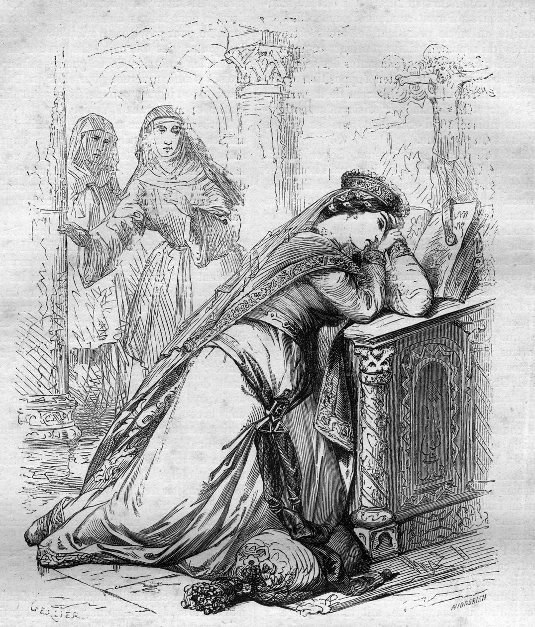 Agnès de Méranie o Meran (1172-1201), reina de Francia, fue enviada al convento por el Rey Felipe Augusto. Grabado en “Historia de los Papas (...) Crímenes de la Reina Rey y Emperadores a través de los siglos” de Maurice Lachatre de French School