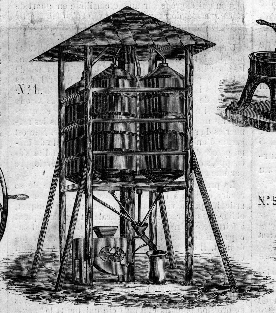 Máquina agrícola: un ático conservador para trigo presentado en la Exposición Agrícola de 1860 en París (Grabado en 