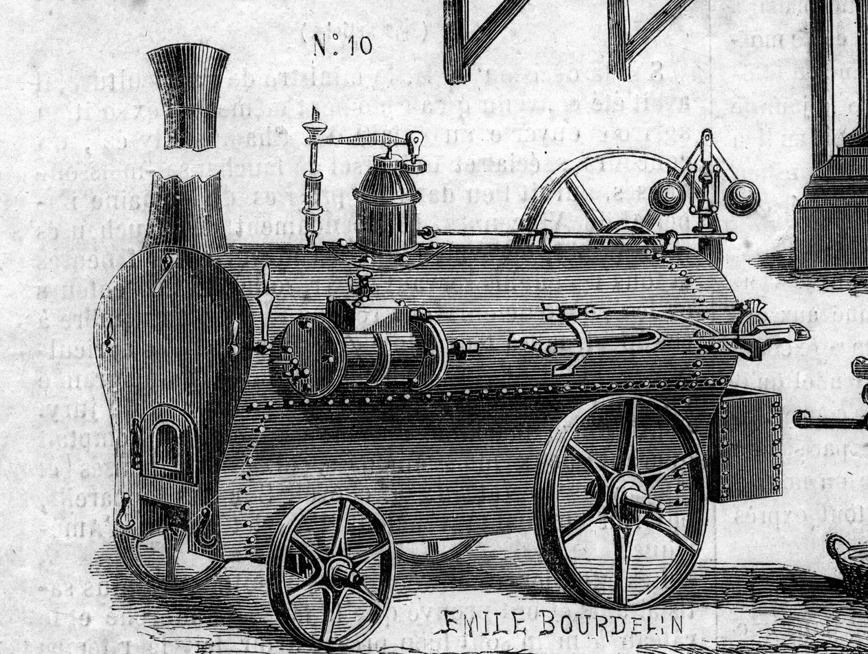 Máquina agrícola: una locomóvil presentada en el concurso agrícola de París en 1860. Grabado en 