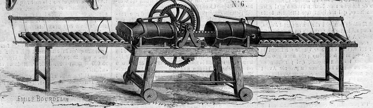 Máquina agrícola: una máquina para hacer tubos de drenaje presentada en la Exposición Agrícola de 1860 en París. Grabado en “Le Monde Illustré” n°168 del 30 de junio de French School