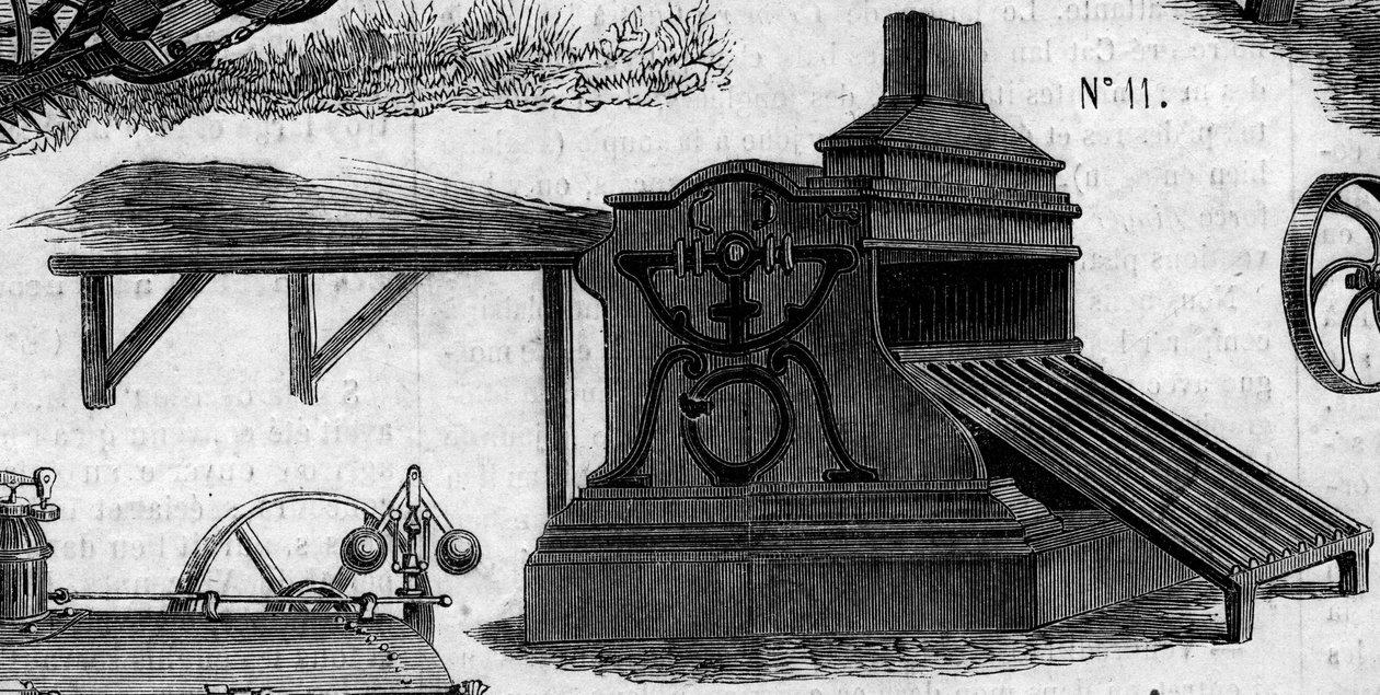 Máquina agrícola: una trilladora presentada en el concurso agrícola de París en 1860. Grabado en "Le Monde Illustré" n°169 del 7 de julio de 1860 de French School