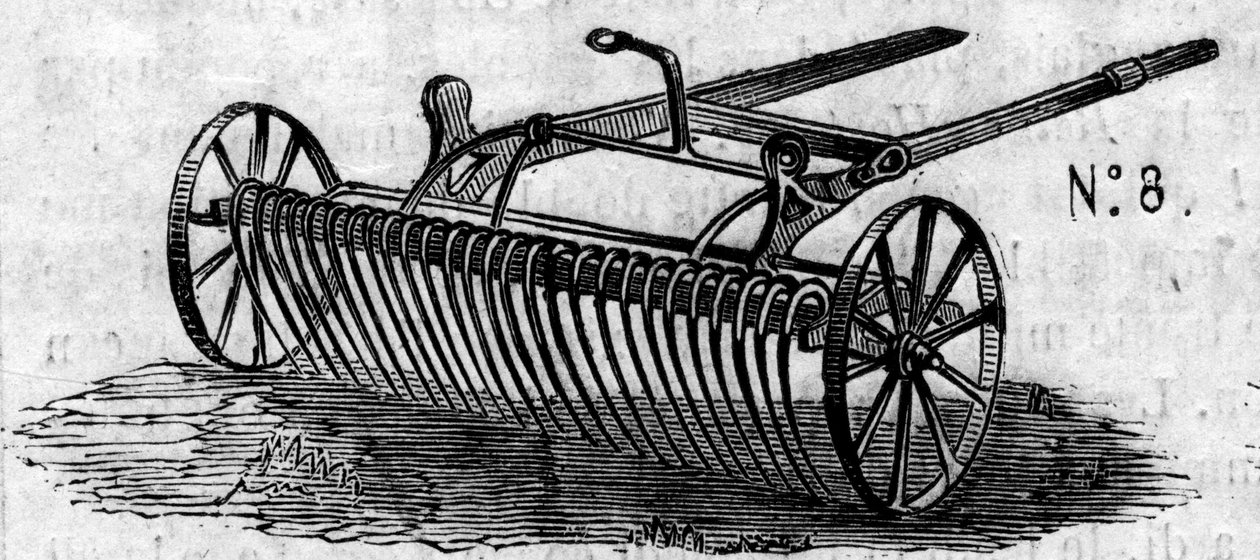 Máquina agrícola: un rastrillo de caballos inglés presentado en el concurso agrícola de París en 1860. Grabado en Le Monde Illustré n°16 del 7 de julio de 1860. de French School