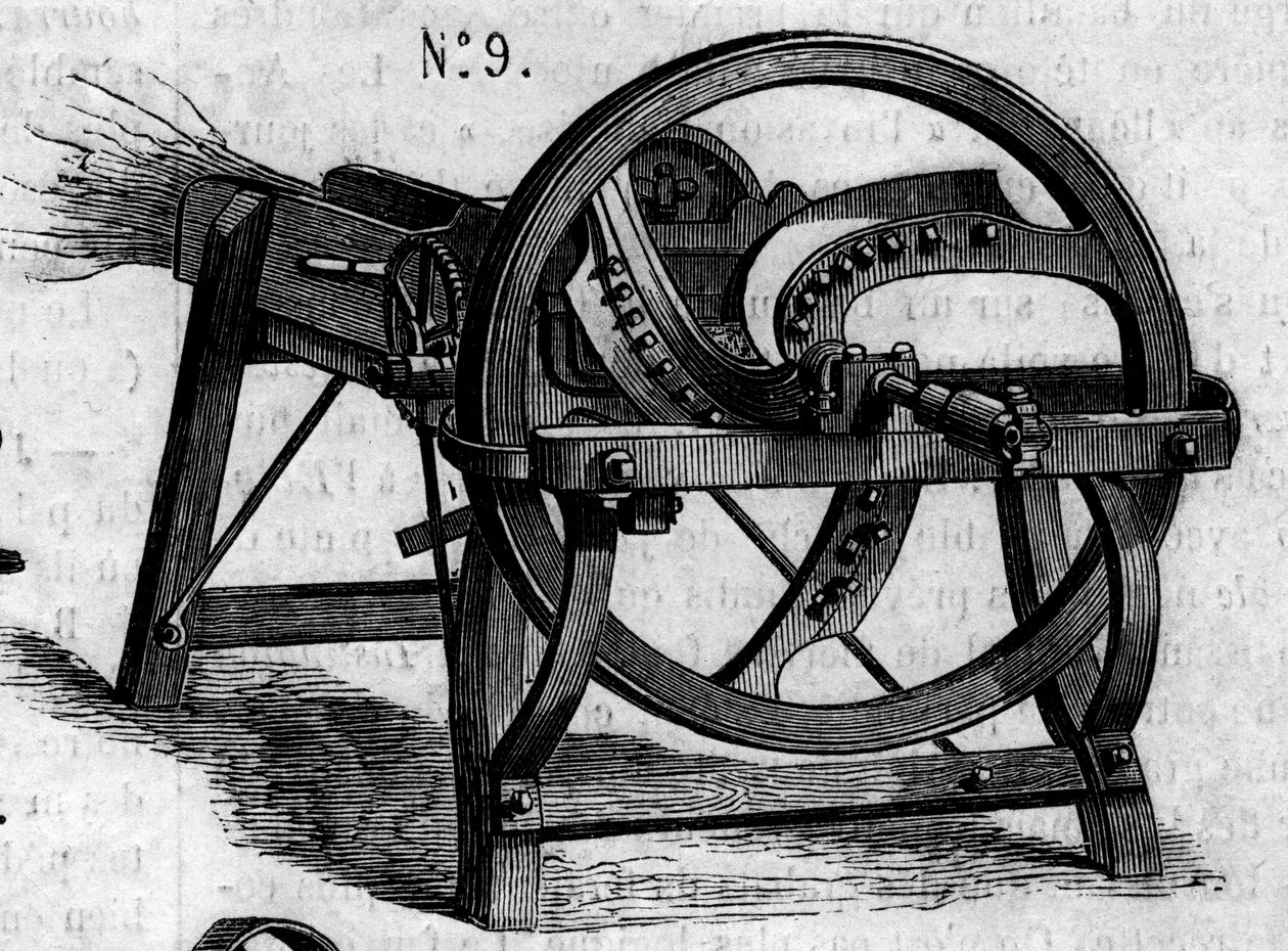 Máquina agrícola: un hacha de paja inglesa presentada en el concurso agrícola de París en 1860. Grabado en Le Monde Illustré n°16 del 7 de julio de 1860. de French School