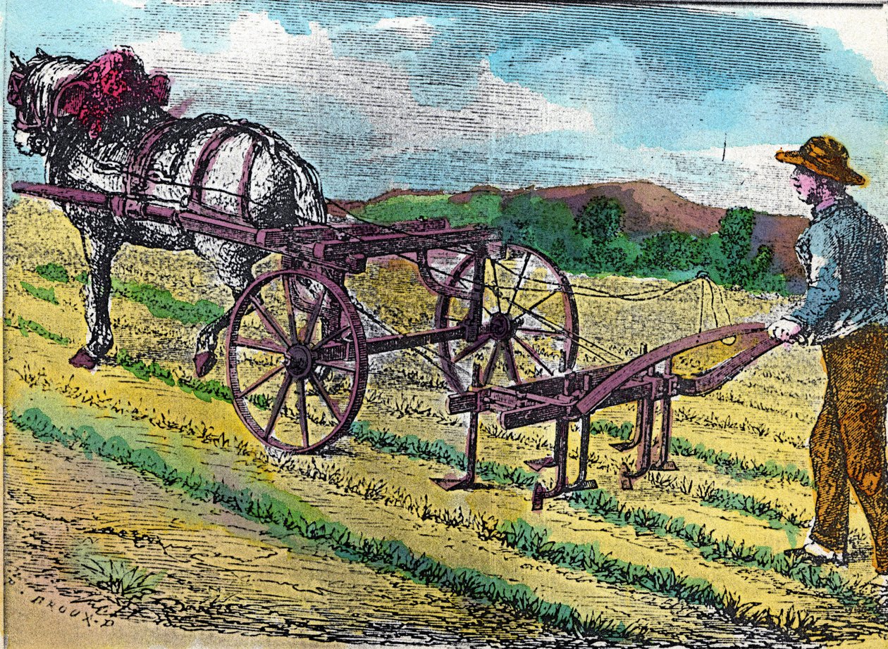 Agricultura: una de las primeras azadas mecánicas, con tracción animal, utilizada en un campo de remolacha. de French School