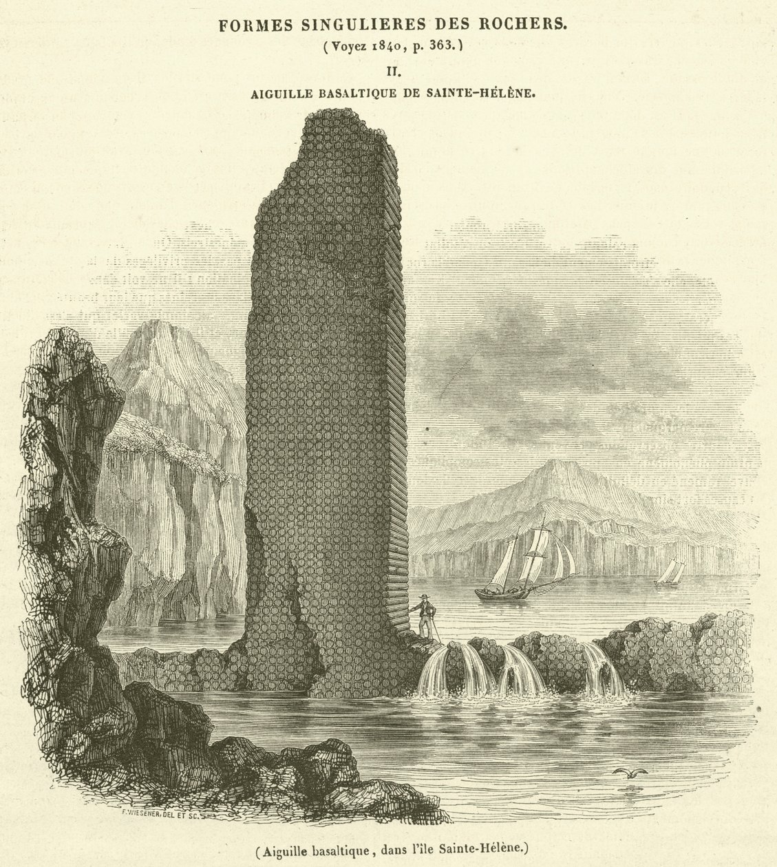 Aguja basáltica en la isla de Sainte-Helene (grabado) de French School