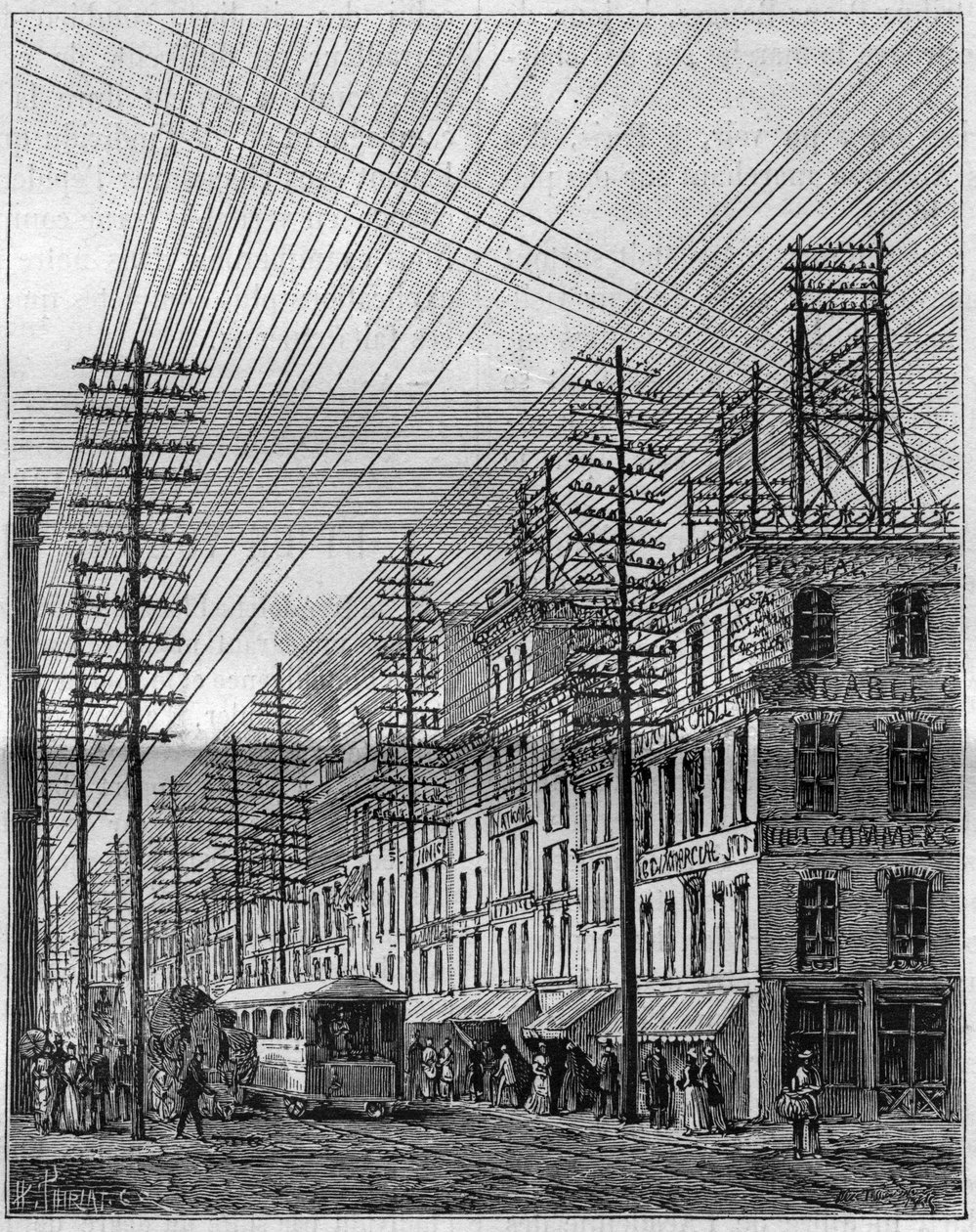 Cables eléctricos aéreos en Filadelfia (Estados Unidos), esquina de la calle Chesnut y la tercera calle. Grabado en "La Nature. Revue des sciences et de ses applications aux arts et a l