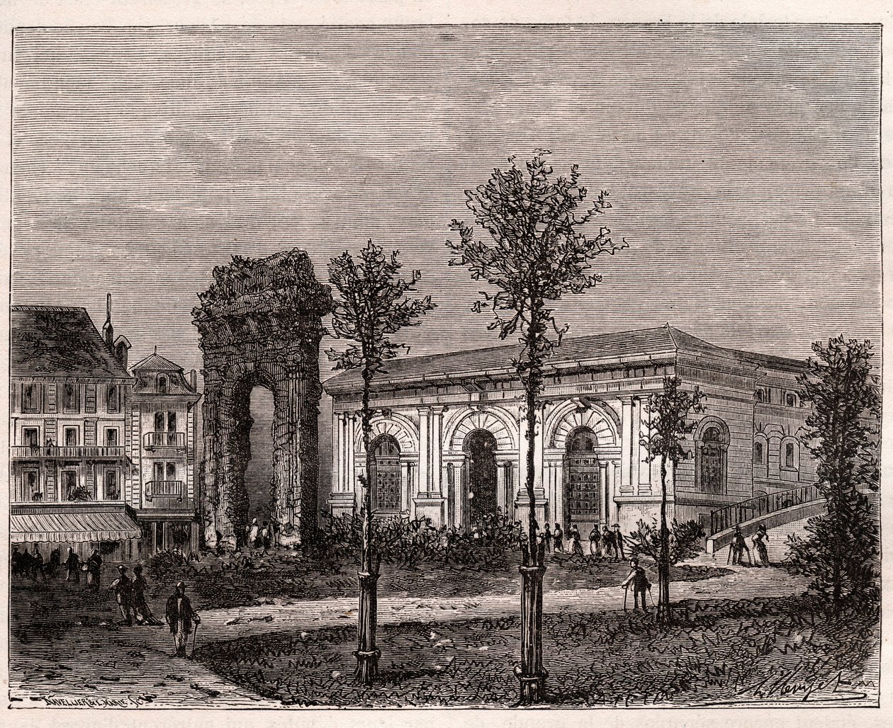 Aix-les-Bains - Saboya - el arco romano de Campanus - grabado en “La France illustree: geographie, histoire, administration statistique” por V.A. Malt-Brown. 1884 de French School