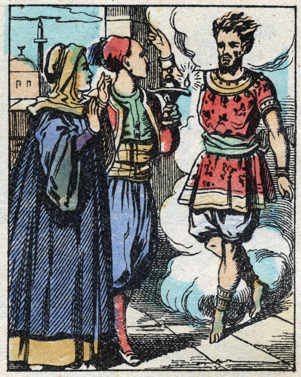 Aladino y su madre frotaron la lámpara mágica e hicieron aparecer al genio. Grabado del cuento de Las mil y una noches “Aladino y la lámpara maravillosa”. Imágenes de Epinal, finales del siglo XIX. Colección privada. de French School