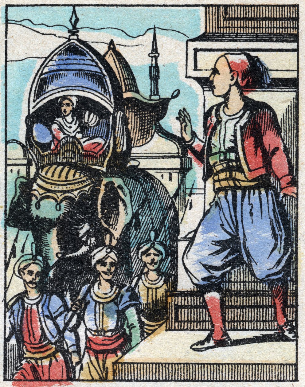 Aladino se enamora de la hija del sultán. Grabado del cuento de Las mil y una noches “Aladino y la lámpara maravillosa”. Imágenes de Epinal, finales del siglo XIX. Colección privada. de French School
