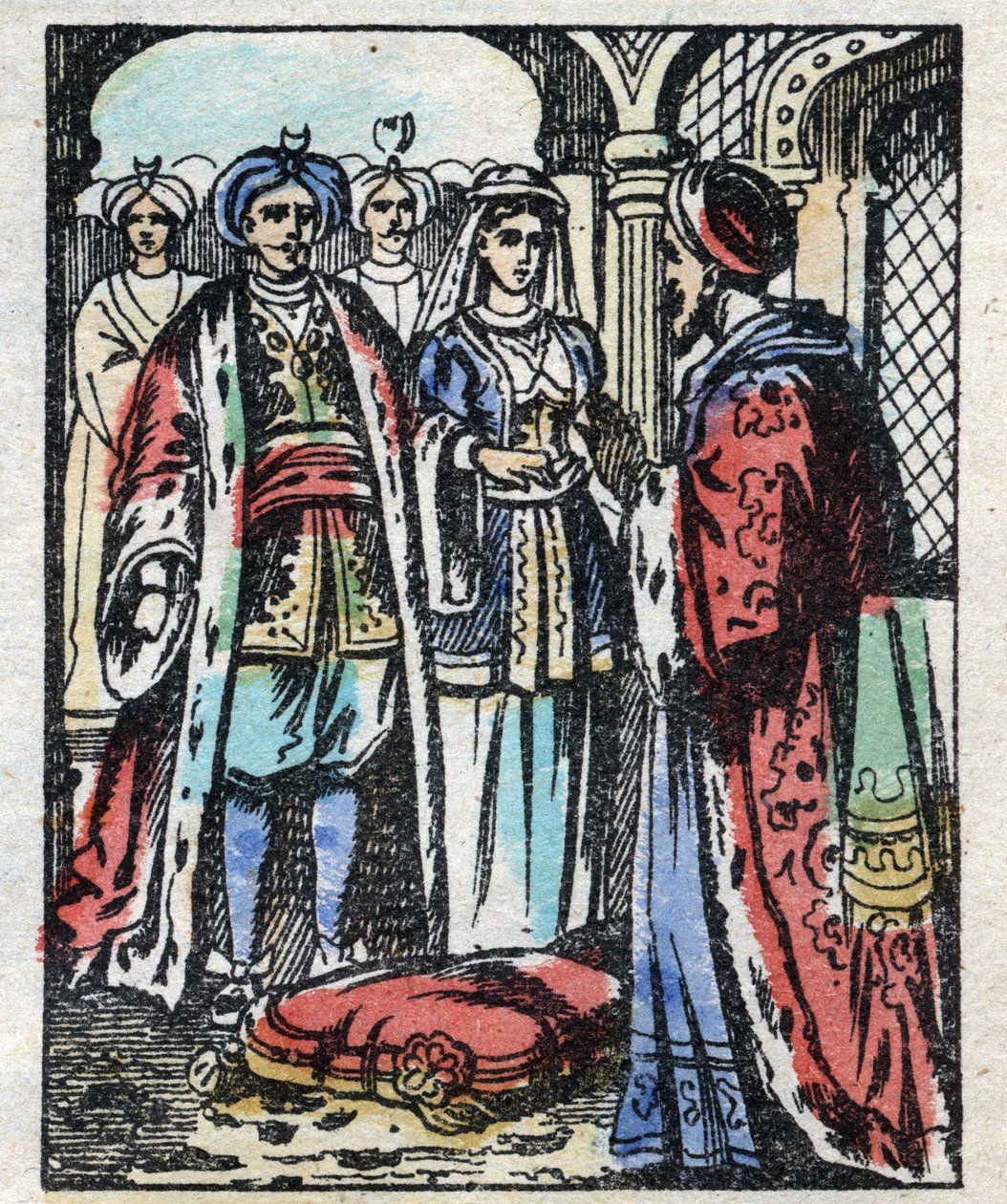La boda de Aladino con la hija del Sultán. Grabado del cuento de Las mil y una noches “Aladino y la lámpara maravillosa”. Imágenes de Epinal, finales del siglo XIX. Colección privada. de French School