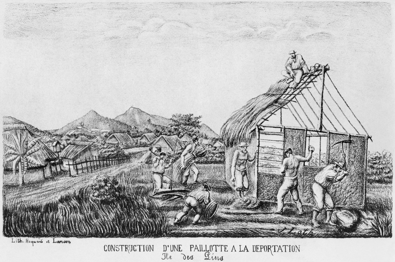 Álbum de la Isla de los Pinos, construcción de una choza de paja por los deportados, 1878-79 de French School