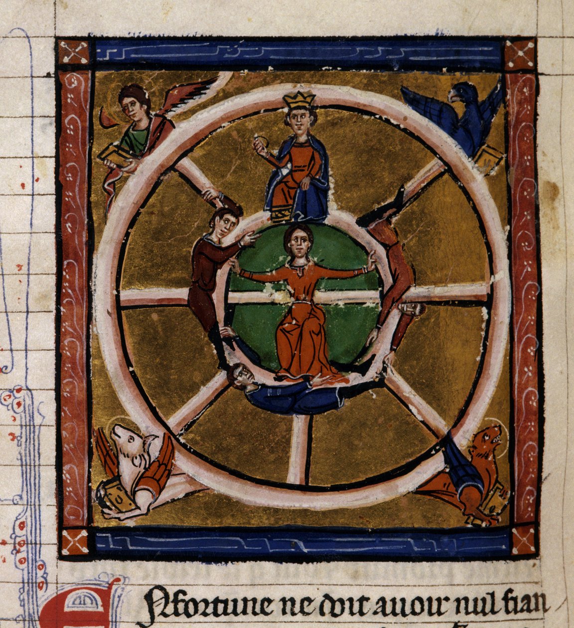 Alejandro III El Grande (356-323 a.C.) sentado en la rueda de la Fortuna rodea el Tetramorfos. Miniatura del manuscrito "Historia antigua a la Cesar", alrededor de 1260-1270 escrita por un escriba al servicio de la corte de Roger IV, Chatelain de Lille de French School