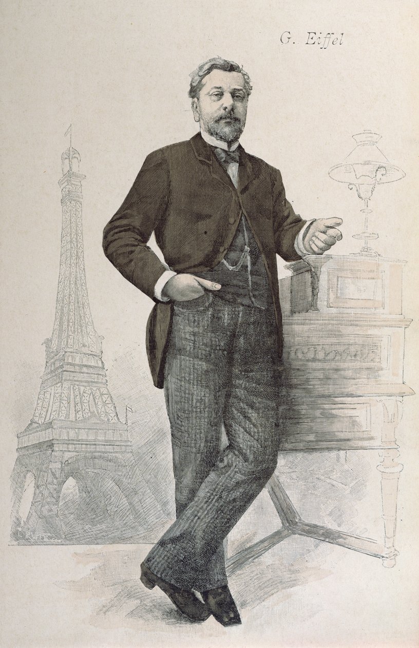 Alexandre Gustave Eiffel posando junto a su escritorio con un dibujo de la Torre Eiffel, ilustración de La Revue Illustrée, 1888 de French School