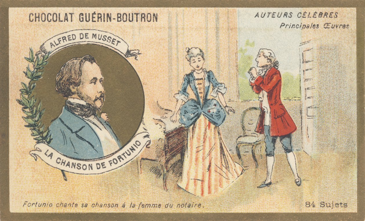 Alfred de Musset (1810-1857), escritor francés del período romántico, autor de “Chanson de Fortunio”, poesía (1852) de French School