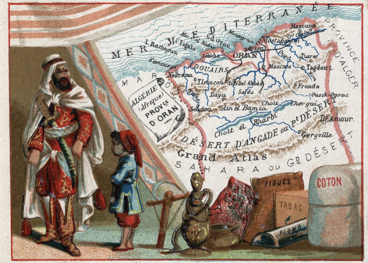 Argelia en África y la Provincia de Orán, Francia. Serie sobre los Departamentos Franceses. Importación de higos, algodón, tabaco, ágata y plomo. Cromolitografía "el hilo geográfico", circa 1920. Colección privada de French School