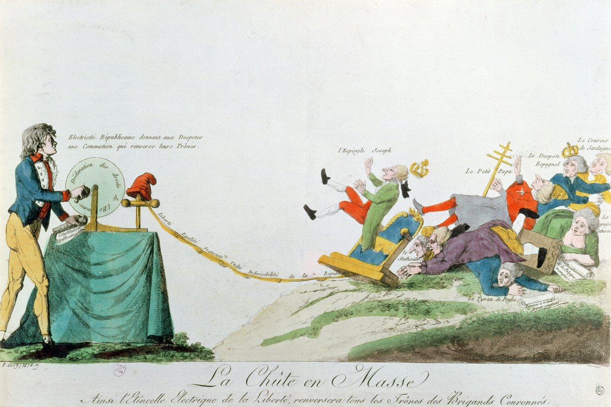 Todos caen, la electricidad generada por la Declaración de los Derechos del Hombre durante la Revolución Francesa derriba los tronos y monarcas de Europa, c.1793 de French School