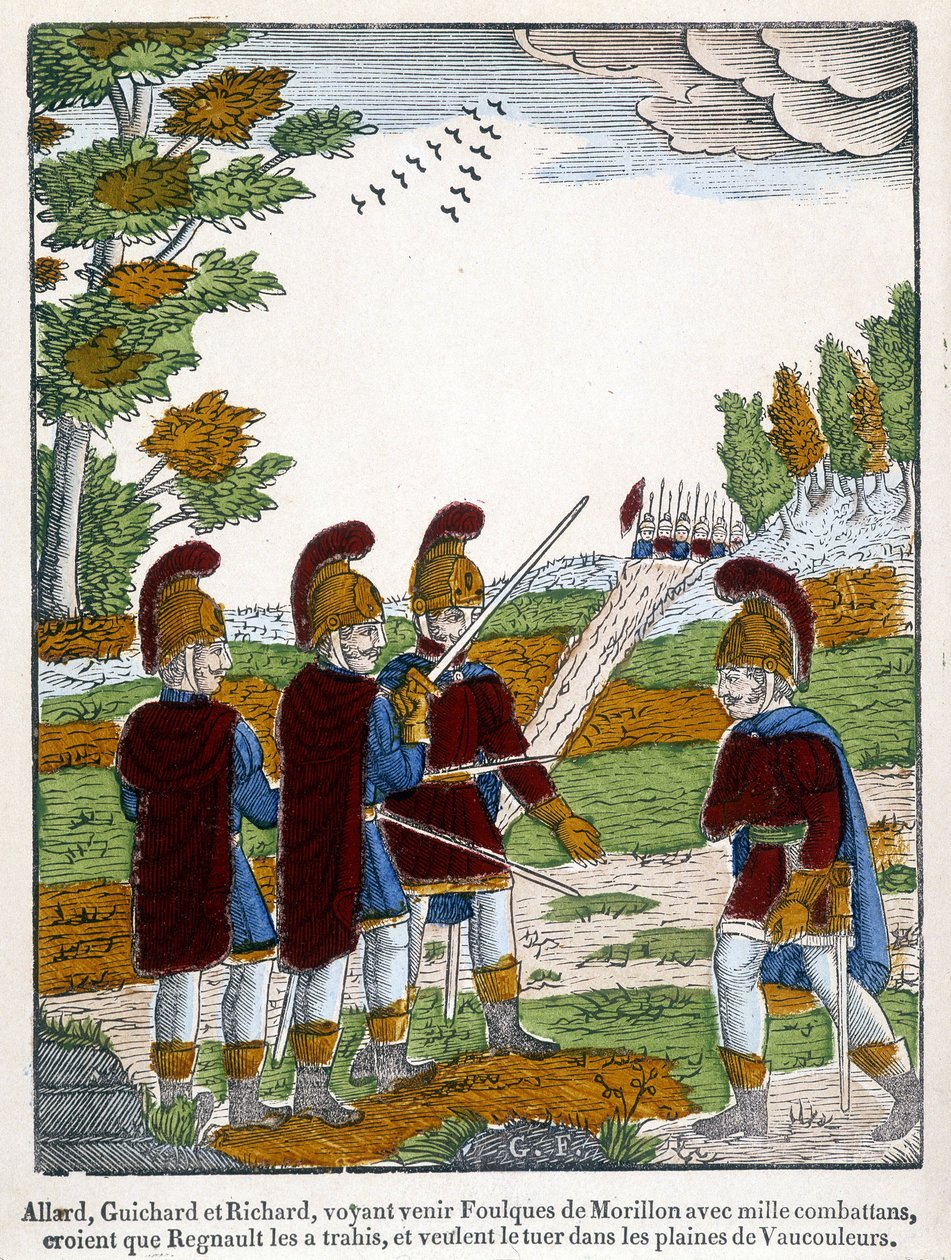 Allard, Guichard y Richard, viendo a Coots de Morillon llegar con mil combatientes creen que Regnaut los traicionó, y quieren matarlo en las llanuras de Vaucouleurs. Imagen de Epinal de 1825 que representa una escena del poema épico del final del siglo I de French School