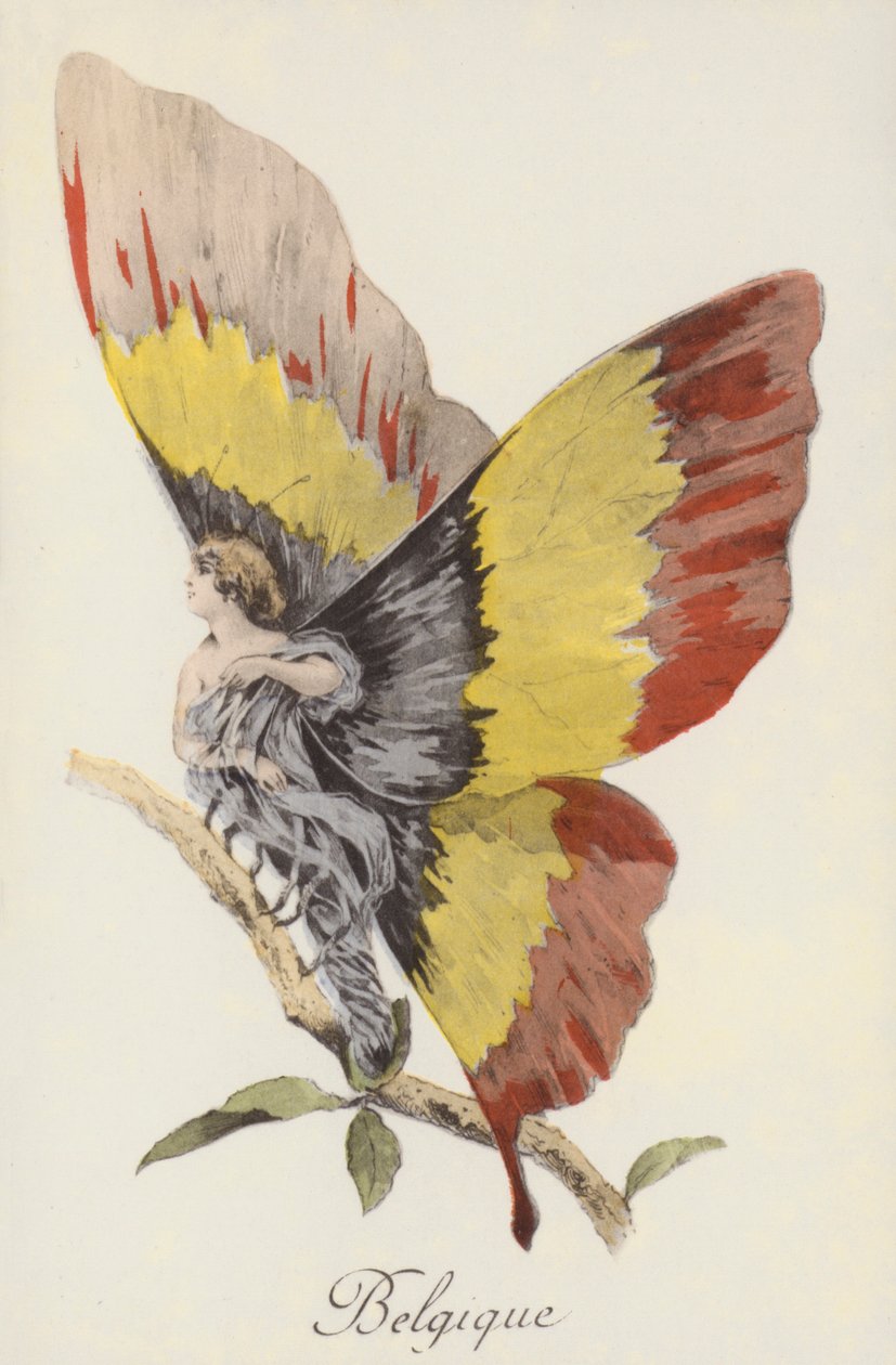 Representación alegórica de Bélgica como mariposa (litografía en color) de French School
