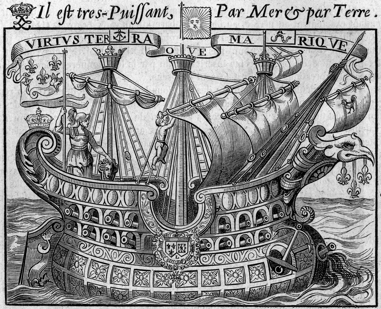 Alegoría del poder francés: “El barco del Estado”, símbolo de Francia, también recuerda las armas de la ciudad de París. Extracto del “Libro de monedas extranjeras o el gran banquero de Francia” (1687) de François Barrême (1638-1703), matemático francés. G de French School