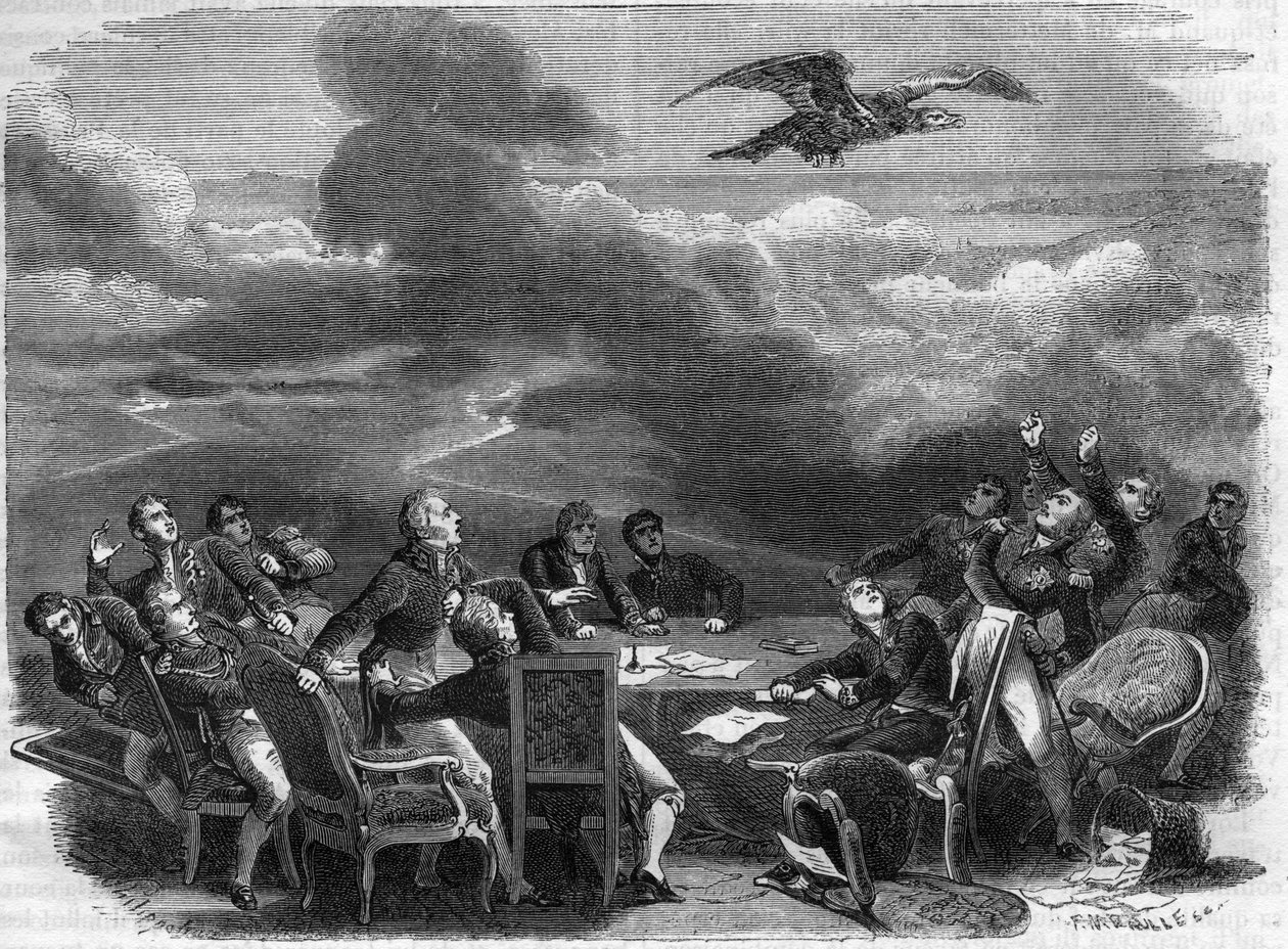 Alegoría del fin del Congreso de Viena en 1815 - agitación extraordinaria de los diplomáticos al enterarse del desembarco de Napoleón - en “Historia del imperio siguiendo la historia del consulado” de Adolphe Thiers - 1879 - colección privada de French School