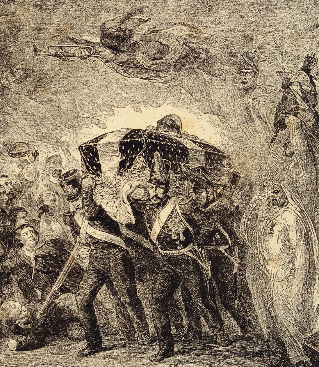 Alegoría de la devolución de las cenizas del emperador francés Napoleón Bonaparte en 1840. Siglo XIX (grabado de "Clours, mores, usages, costumes, inventions de French School