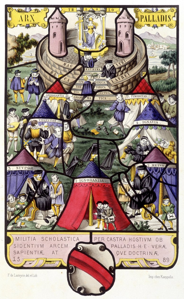 Alegoría de la universidad. Facsímil de un vitral de la Edad Media en Histoire de la peinture sur verre por Ferdinand de Lasteyrie de French School