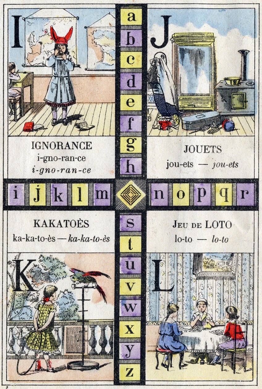 Alfabeto y Letras I J K y L, ignorancia, juguetes, cacatúas y juego de lotería. ABC de las niñas. Imagen de Epinal de French School