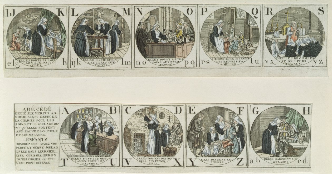Abecedario ilustrado representando el trabajo de las Hermanas de la Caridad, principios del siglo XIX de French School