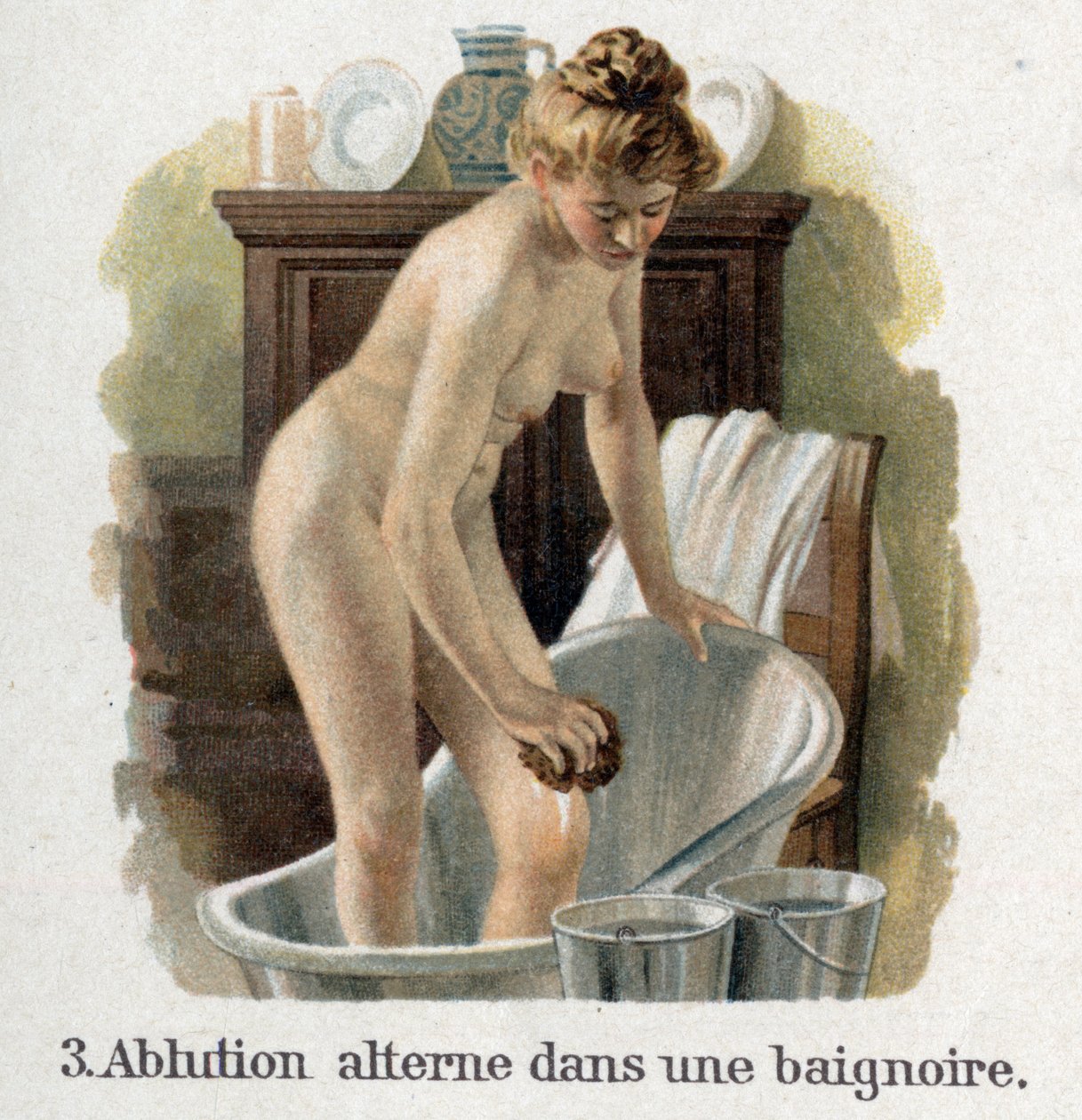 Alución en una bañera con dos cubos, uno de los cuales contiene agua chuad y el otro agua fría de French School