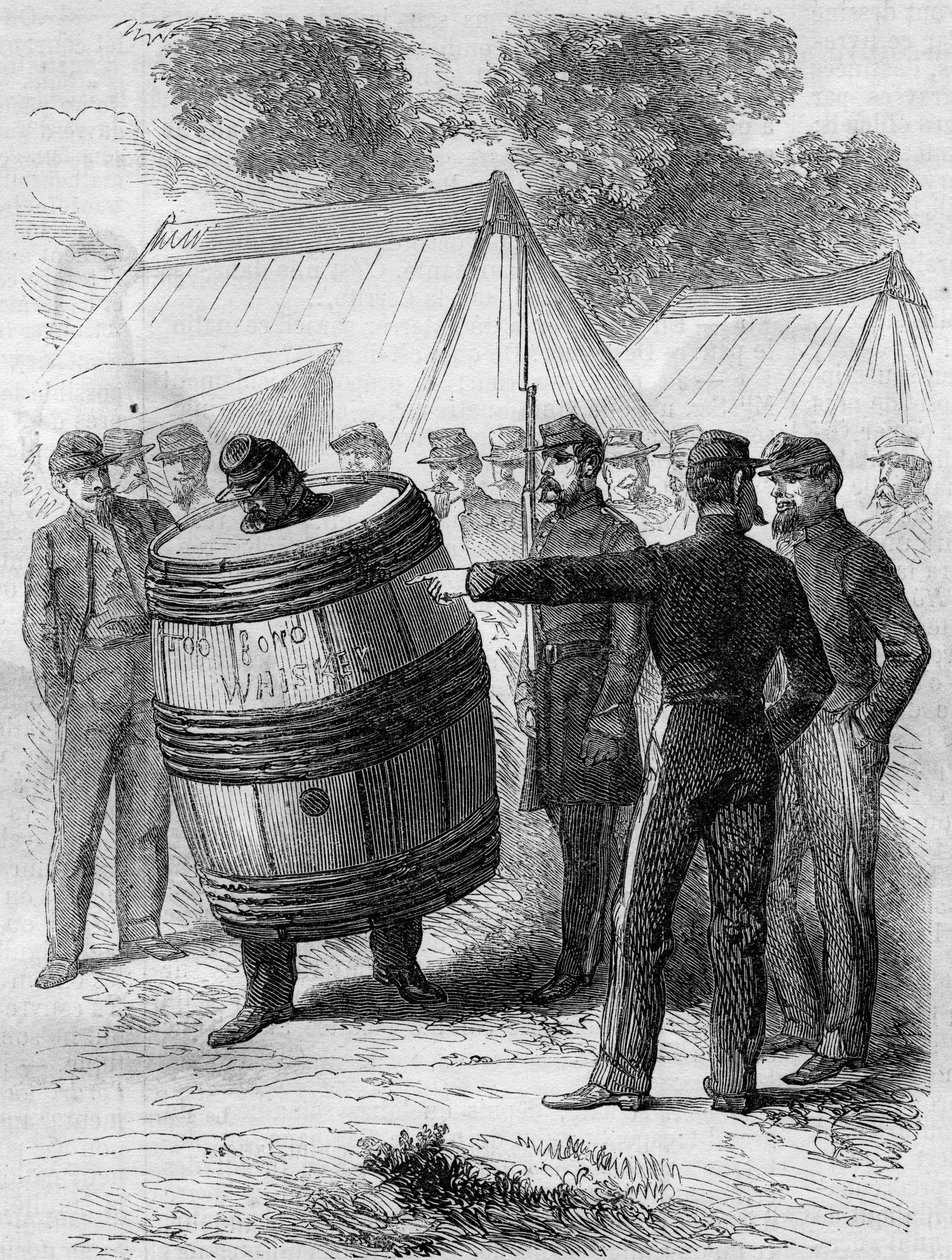 Guerra Civil Americana (1861-1865): castigo de un soldado borracho del ejército confederado. Lleva un barril perforado y camina por el campamento bajo la mirada divertida de otros soldados. Grabado en “Le Monde Illustré” n°276 del 26 de julio de 1862. de French School