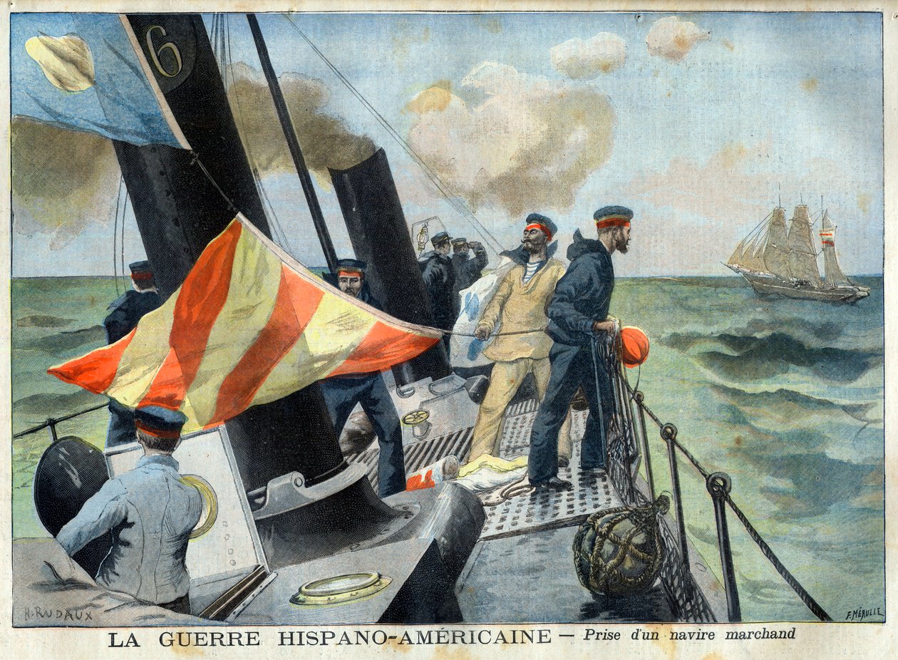 Guerra Hispanoamericana (o Desastre del 98) - La Guerra Hispanoamericana: captura de un barco mercante. La Guerra Hispanoamericana - Captura de un barco mercante. Ilustración para Le Petit Journal de French School