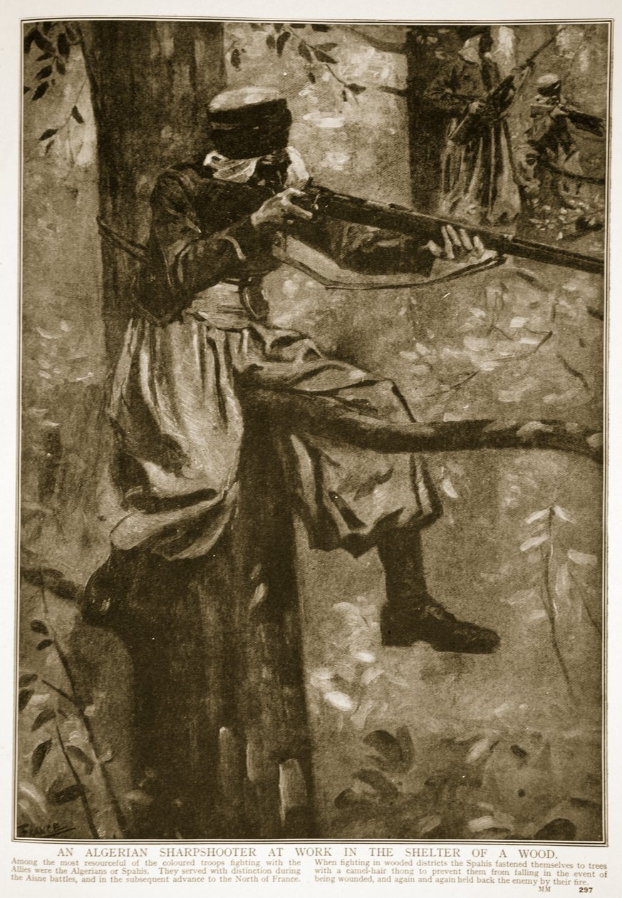 Un francotirador argelino trabajando en el refugio de un bosque, 1914-19 de French School