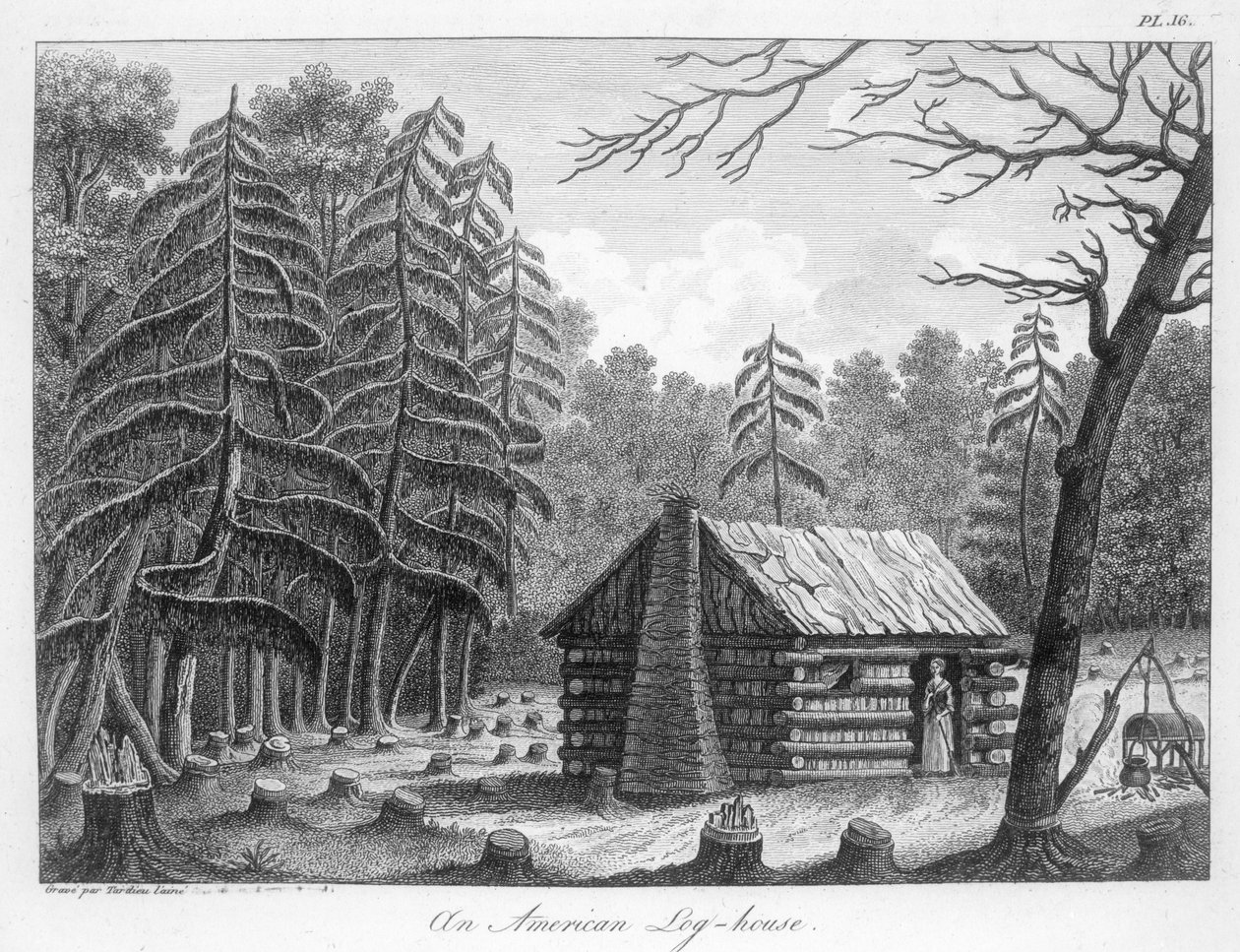 Una casa de troncos americana, grabado por Tardieu de French School