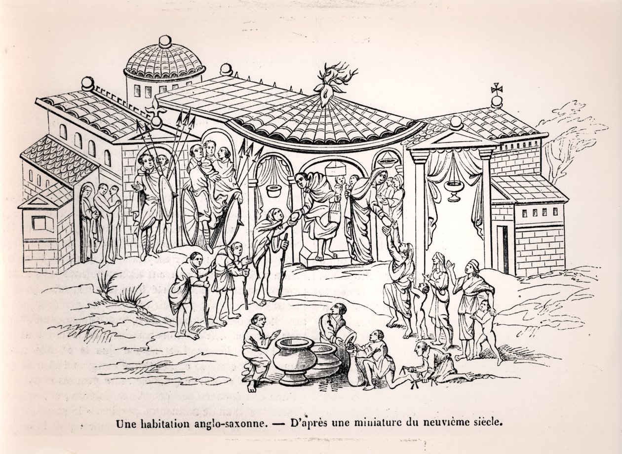 Un hogar anglosajón en Inglaterra antes de la llegada de los normandos, según una miniatura del siglo IX de French School