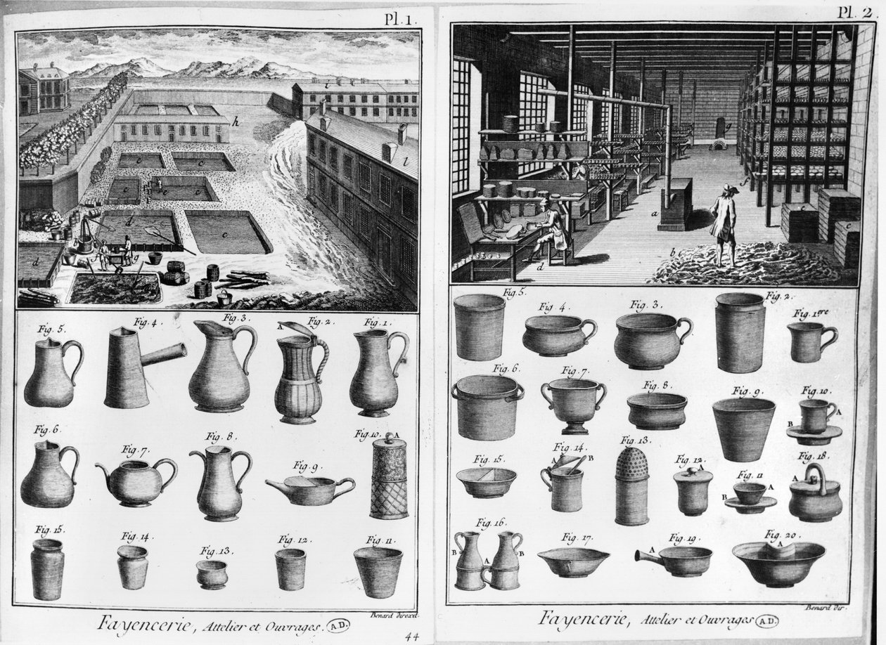 Un taller de cerámica, ilustración de la Encyclopédie por Denis Diderot (1713-84) grabada por Robert Benard (n. 1734) de French School