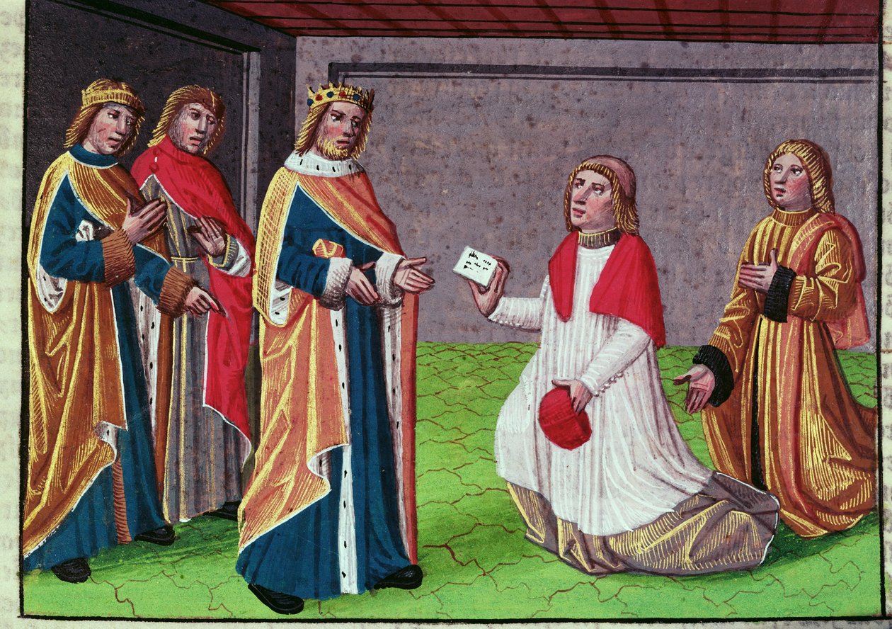 Un emisario del Papa Adriano I suplicando a Carlomagno que defienda a Roma contra el rey lombardo Desiderio, miniatura de "Ogier le Danois", impresa por A. Verard, París de French School