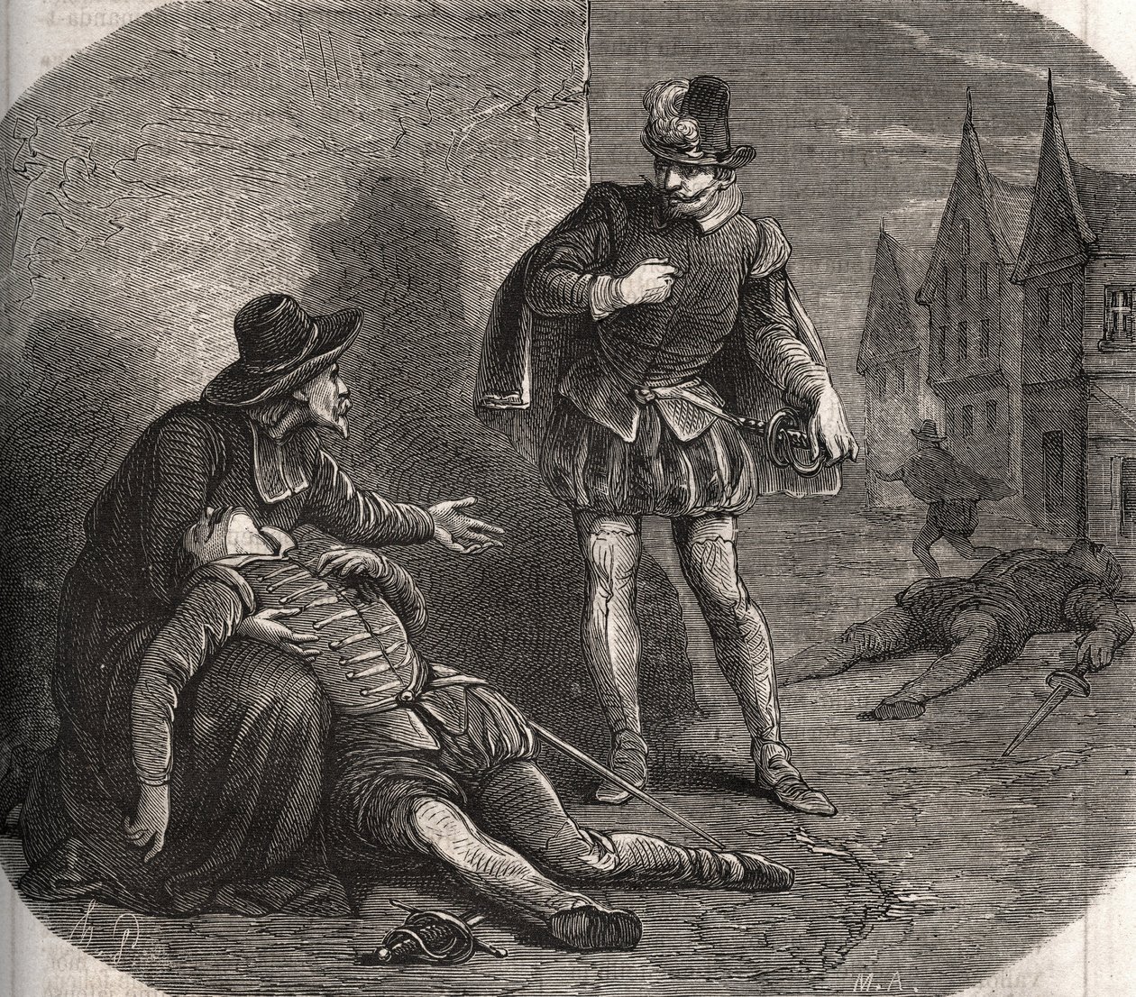 Un emisario del Rey de Francia Enrique III (1551-1589) fue encontrado moribundo en las calles de Roma en 1582. Llevaba un mensaje comprometedor del rey sobre su hermana, Margarita de Valois (1553-1615), conocida como Reina Margot. Grabado de 1871 en de French School
