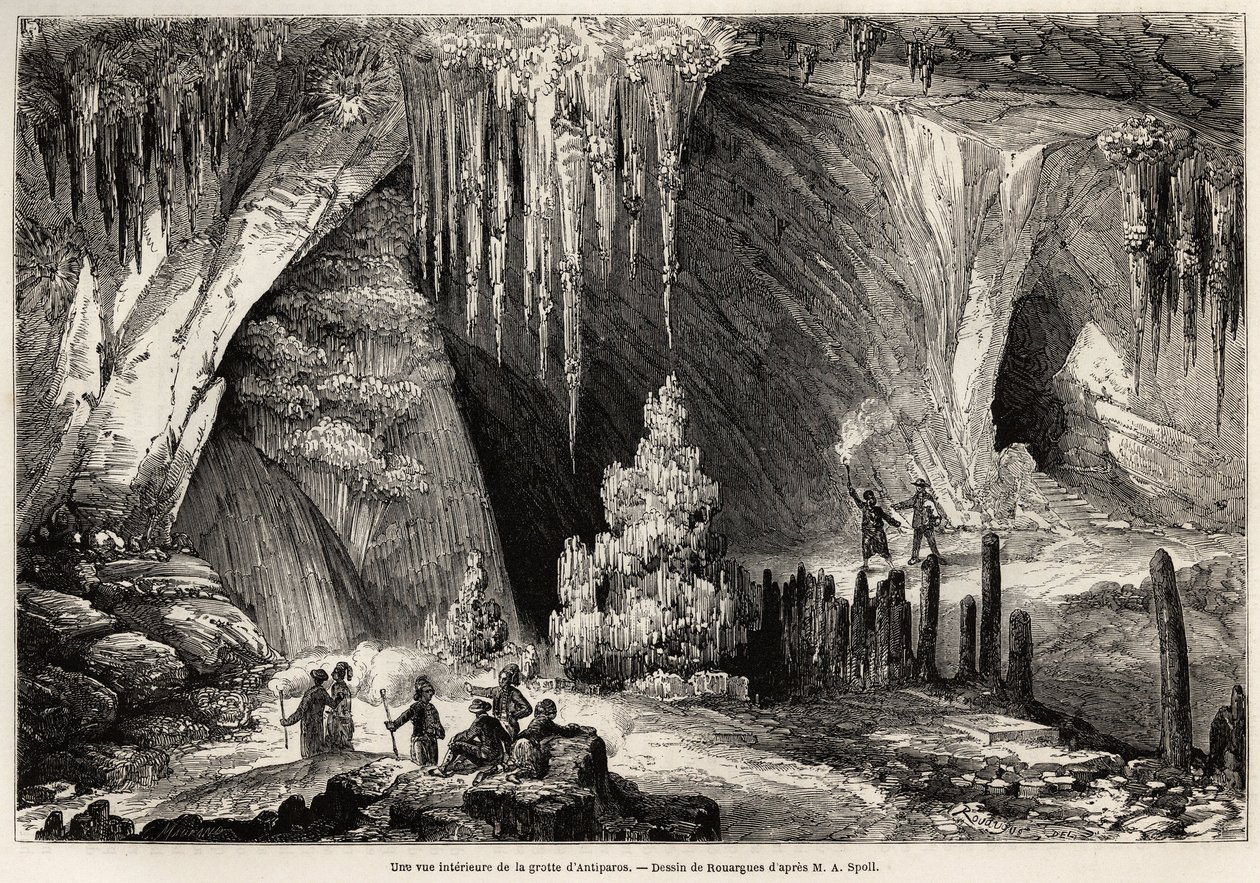 Vista interior de la cueva de Antiparos, isla de las Cícladas, dibujo de Emile Rouargue (hacia 1895-1865), para ilustrar la visita a la cueva de Antiparos, en 1859, de E.A.Spoll. Grabado en "Le tour du monde" 1861. Colección Selva. de French School