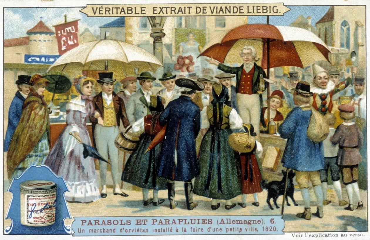 Un comerciante de orvietan (charlatán) instalado en la feria de un pequeño pueblo en Alemania - Etiqueta publicitaria Liébig, c.1900 de French School