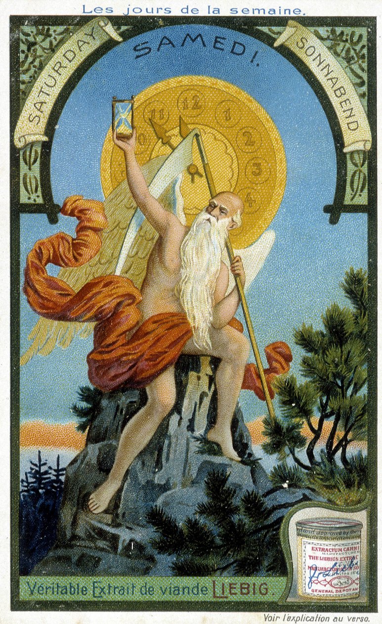 Divinidad antigua sosteniendo un reloj de arena como símbolo del paso del tiempo para ilustrar el sábado. Tarjeta publicitaria cromolitográfica de Liebig. de French School